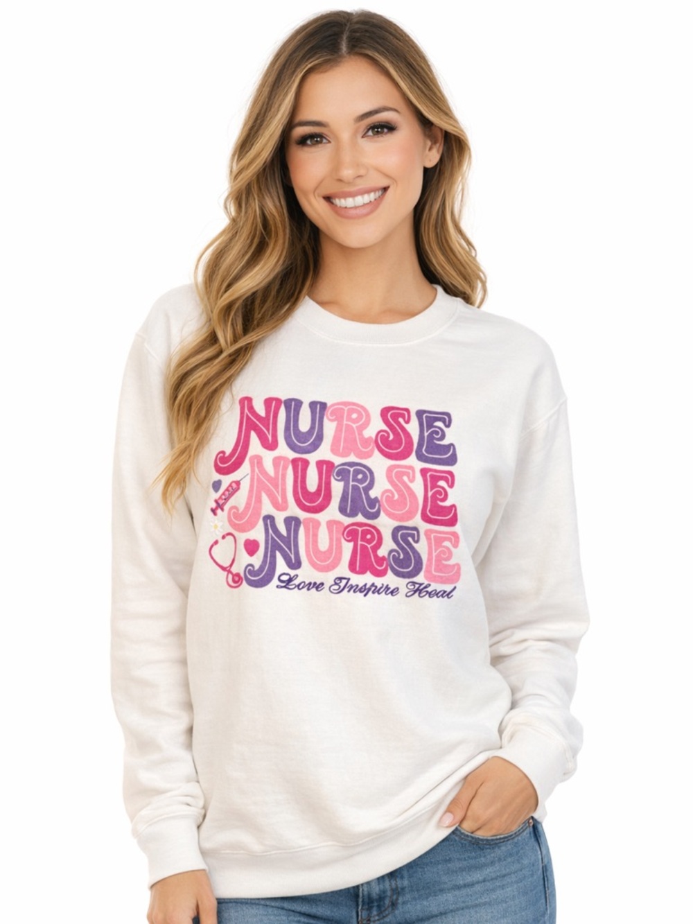 Woman’s White 'Nurse Nurse Nurse' Graphic Sweatshirt - Pink & Purple